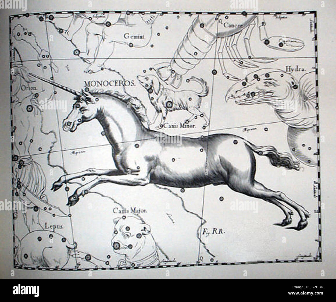 Johannes Hevelius - Prodromus Astronomia - Volume III Firmamentum sobiescianum sive Uranographia - Tavola RR - Monoceros Foto Stock
