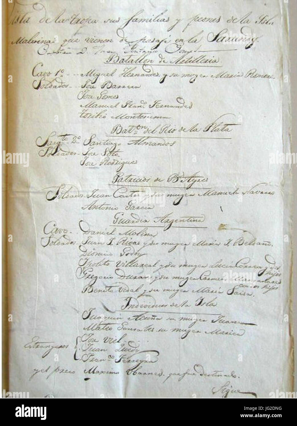 José María Pinedo, lista passeggeri 1833 (prima pagina) Foto Stock