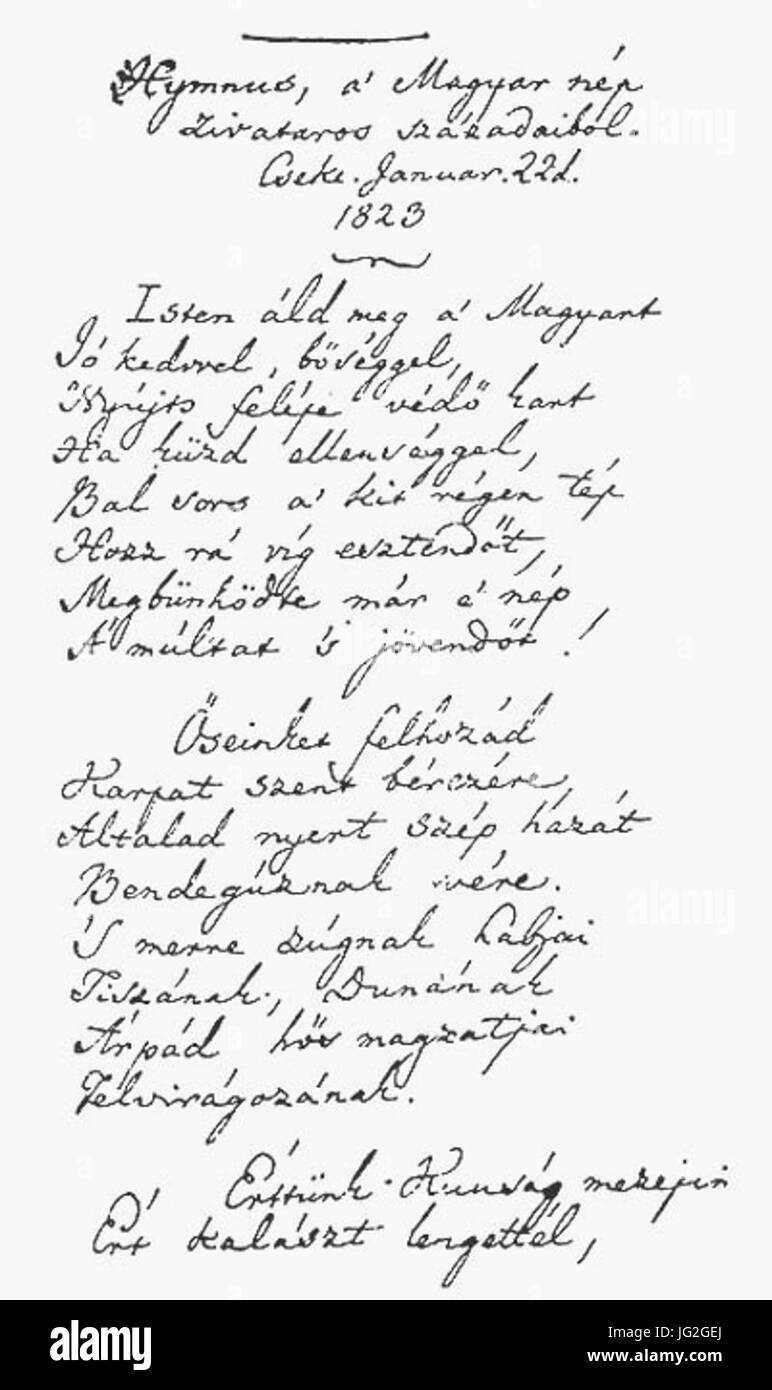 Questa è una pagina del *Himnusz* (1823) di Kölcsey, l'inno nazionale dell'Ungheria, contenente i suoi testi. Scritto da Ferenc Kölcsey, riflette l'identità nazionale e le lotte storiche dell'Ungheria. Foto Stock