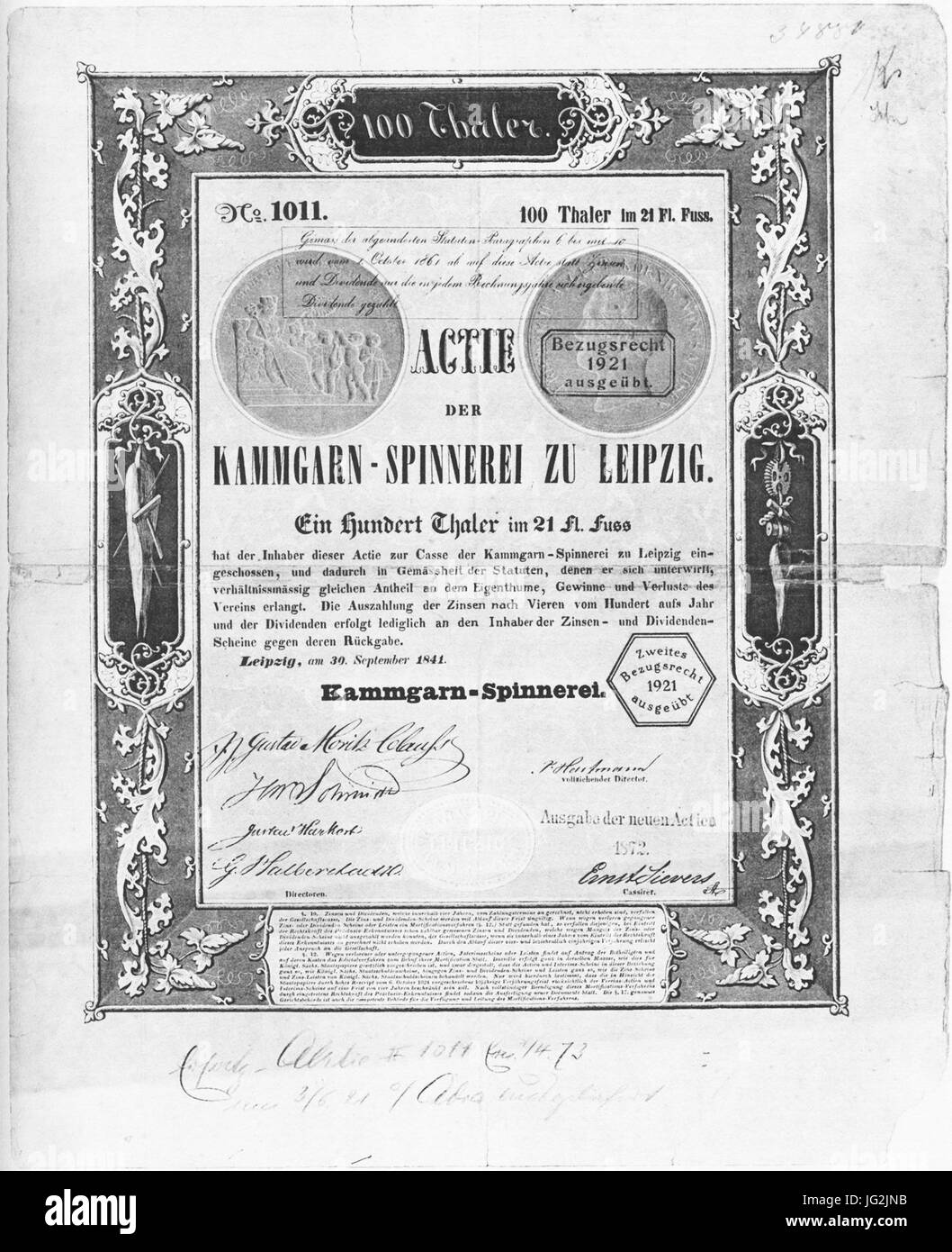 Si tratta di un certificato di scorta per la società Kammgarnspinnerei di Lipsia, probabilmente un produttore tessile. La società è stata coinvolta nella produzione di filati filati, che costituivano una parte importante dell'industria tessile. Foto Stock