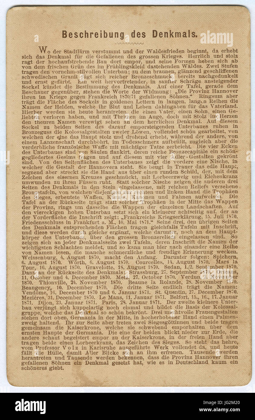 Karl F. Wunder Das Krieger-Denkmal zu Hannover Enthüllt am 10. Mai 1884 Lato posteriore Foto Stock