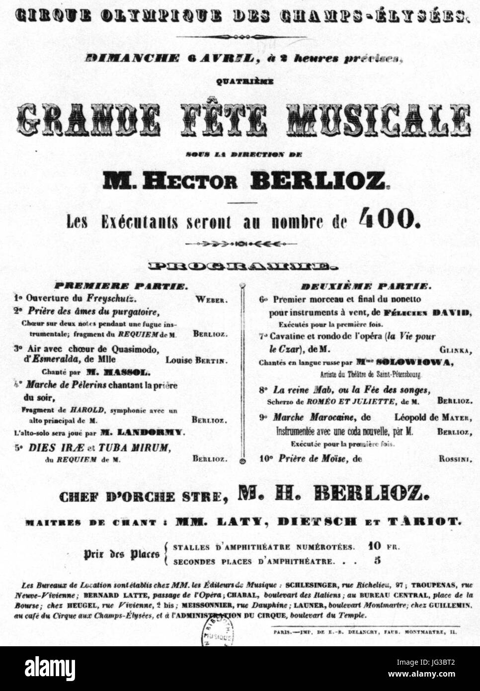 Per Handbill Berlioz concerto del 6 aprile 1845 presso il Cirque Olympique des Champs-Élysées - Holoman 1989p318 Foto Stock