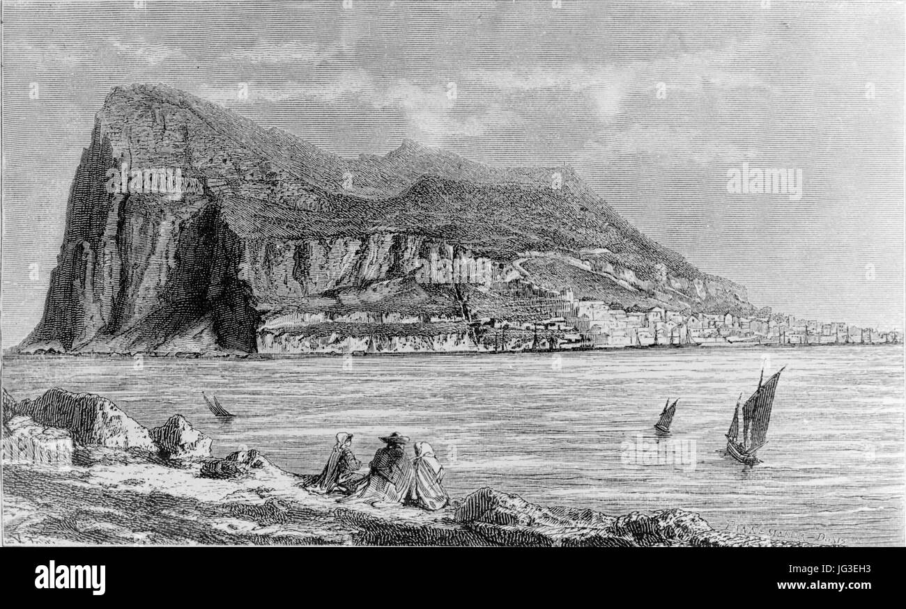 Gibilterra dal nord-ovest, incisione 1870 Foto Stock