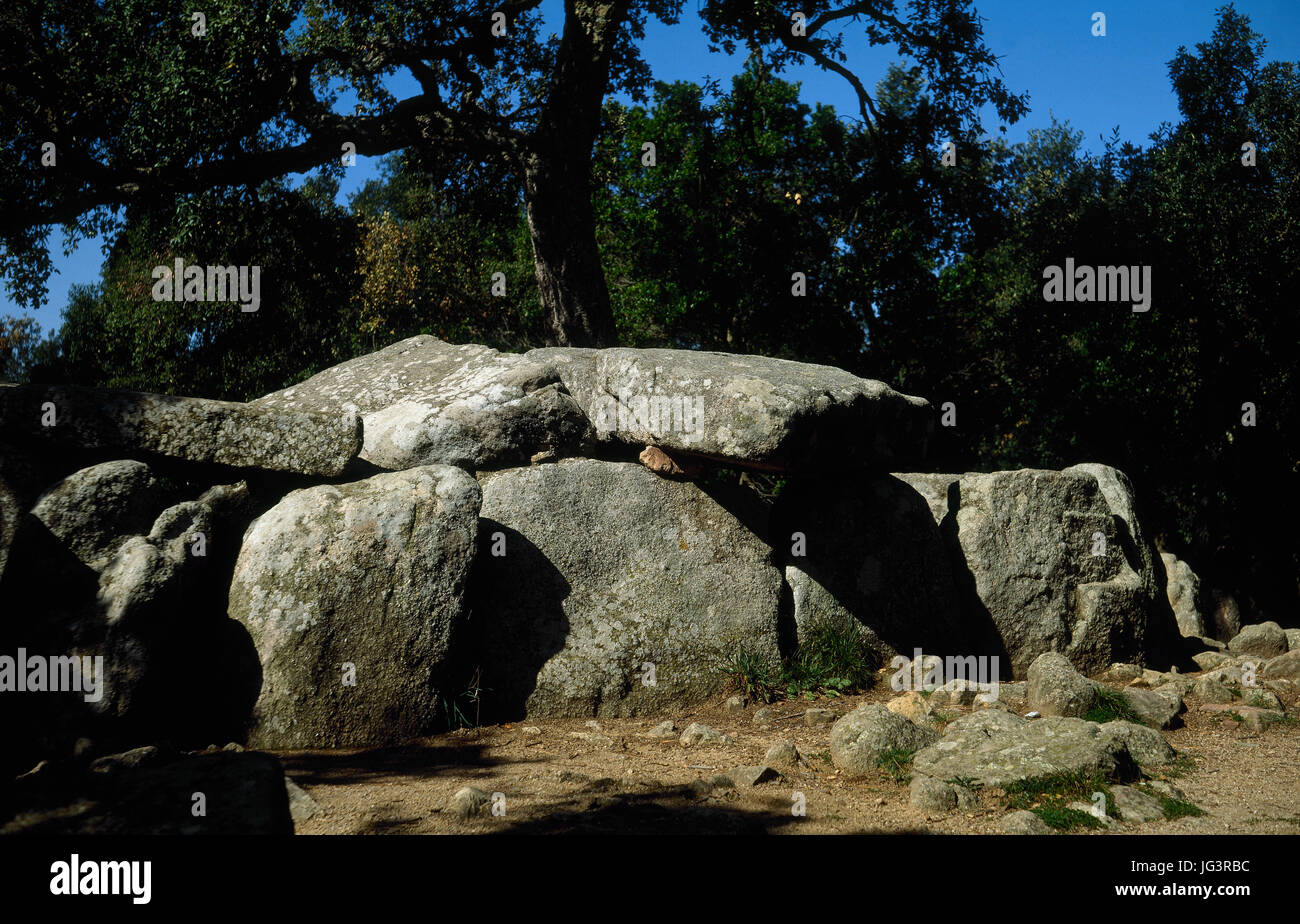 Cova d'en Daina (Daina's Cave). Dolmen. Monumento megalitiche. 2700-2200 A.C. I blocchi di granito. Esterno. Romanya de la Selva, Catalogna, Spagna. Foto Stock