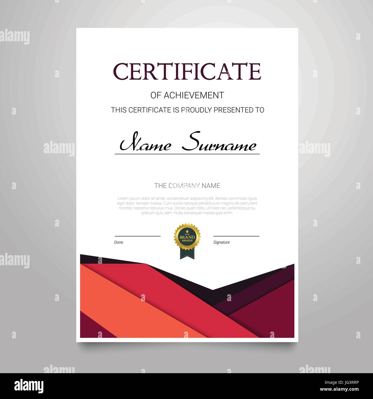 Modello di certificato - moderno elegante verticale documento vettoriale con design di lusso. Diploma di conseguimento, apprezzamento con copia spazio per nome, surn Illustrazione Vettoriale