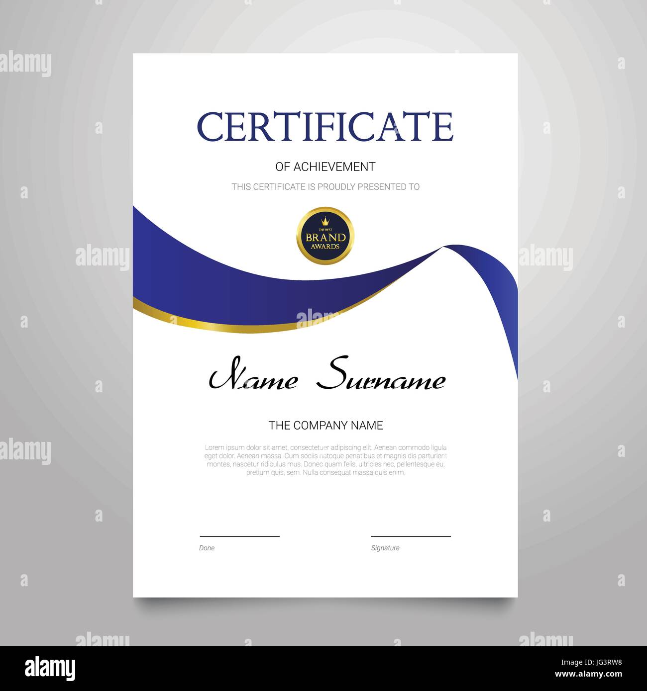 Modello di certificato - moderno elegante verticale documento vettoriale con design di lusso. Diploma di conseguimento, apprezzamento con copia spazio per nome, surn Illustrazione Vettoriale