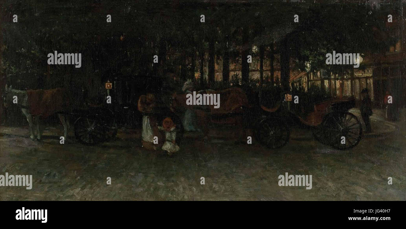 Nächtliche Straßenszene mit Kutschen Foto Stock