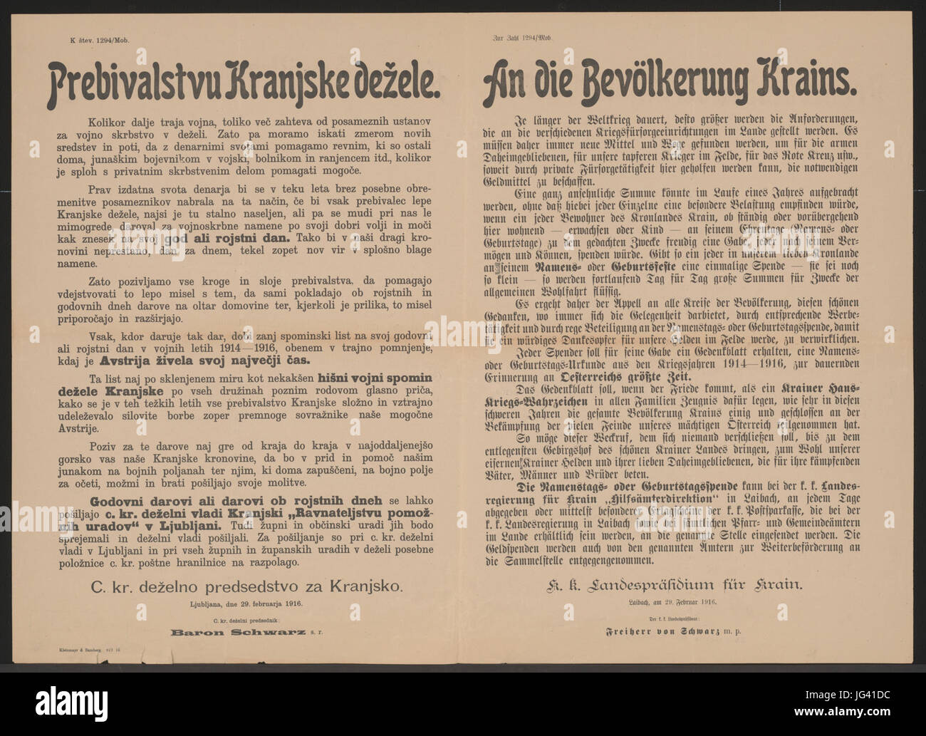 Namenstags- oder Geburtstagsspende - An die Bevölkerung Krains - Laibach - Mehrsprachiges Plakat 1916 Foto Stock