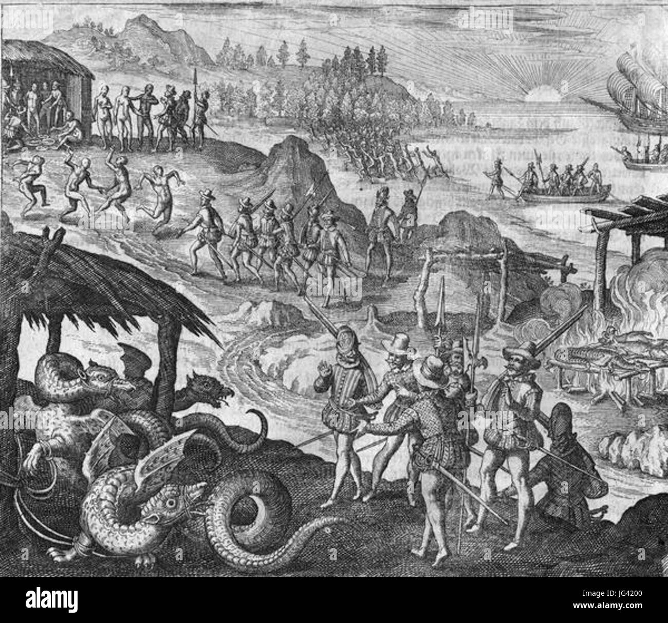 Natives tostatura di draghi su Vespucci s primo viaggio Foto Stock