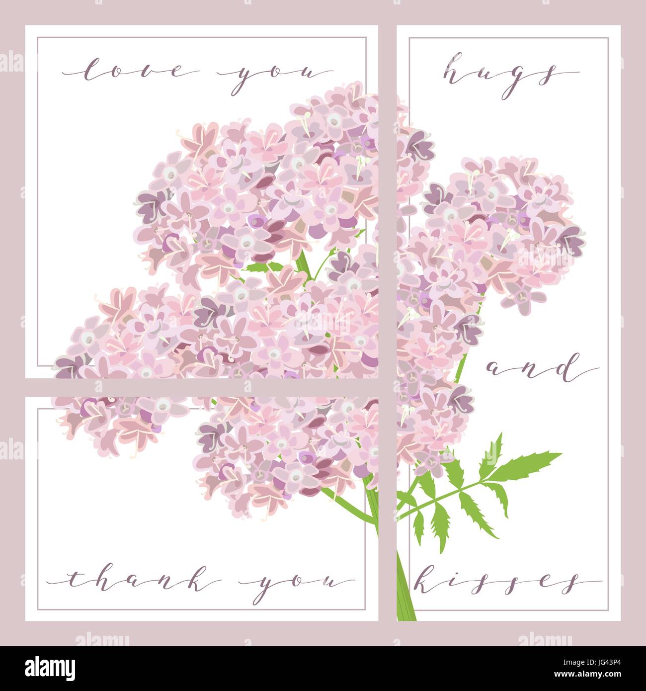 Set di carte con parole di amore voi, vi ringrazio, baci. fiori viola sullo sfondo. 3 in 1 poster, invito saluto, business card. Per decorat Illustrazione Vettoriale