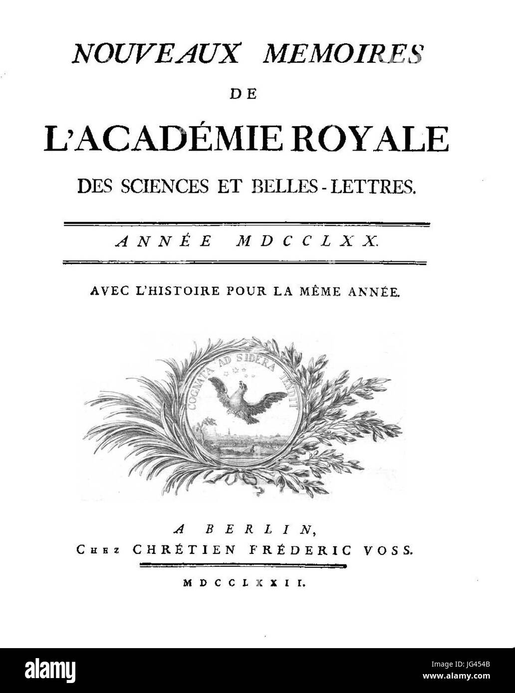 Nouveaux M oires de l'Académie Royale 1770 Titel Foto Stock