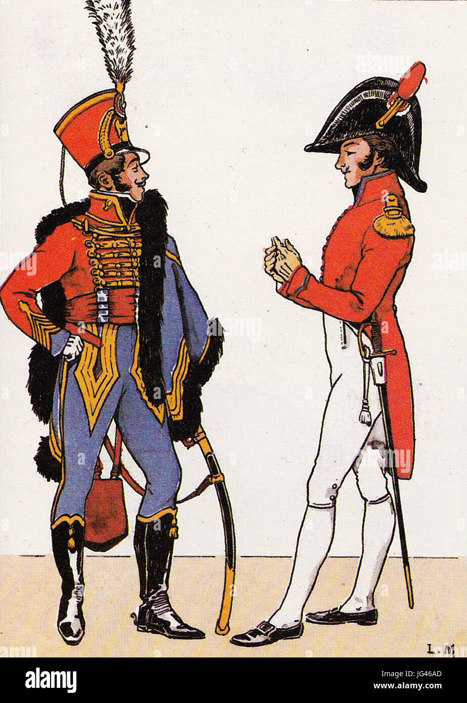 Officiers des hussards Jérôme-Napoléon en grande tenue et tenue de la société, 1814 Foto Stock