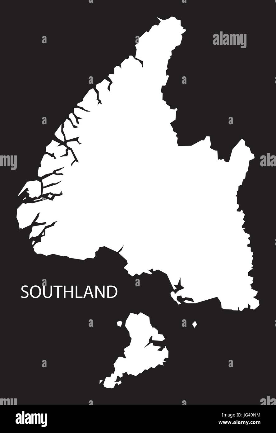 Southland Nuova Zelanda mappa black invertito illustrazione silhouette Illustrazione Vettoriale