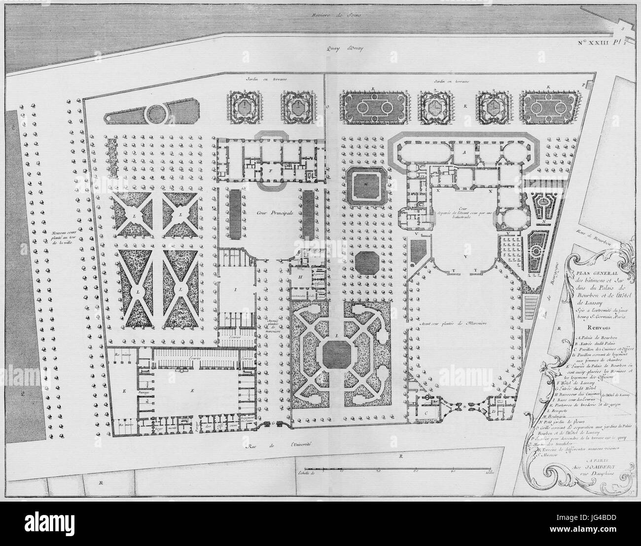 Palais de Bourbon et l'Hätel de Lassay - Plan général des bâtimens et jardins - Architettura françoise Tome1 Livre2 Ch23 Pl1 Foto Stock