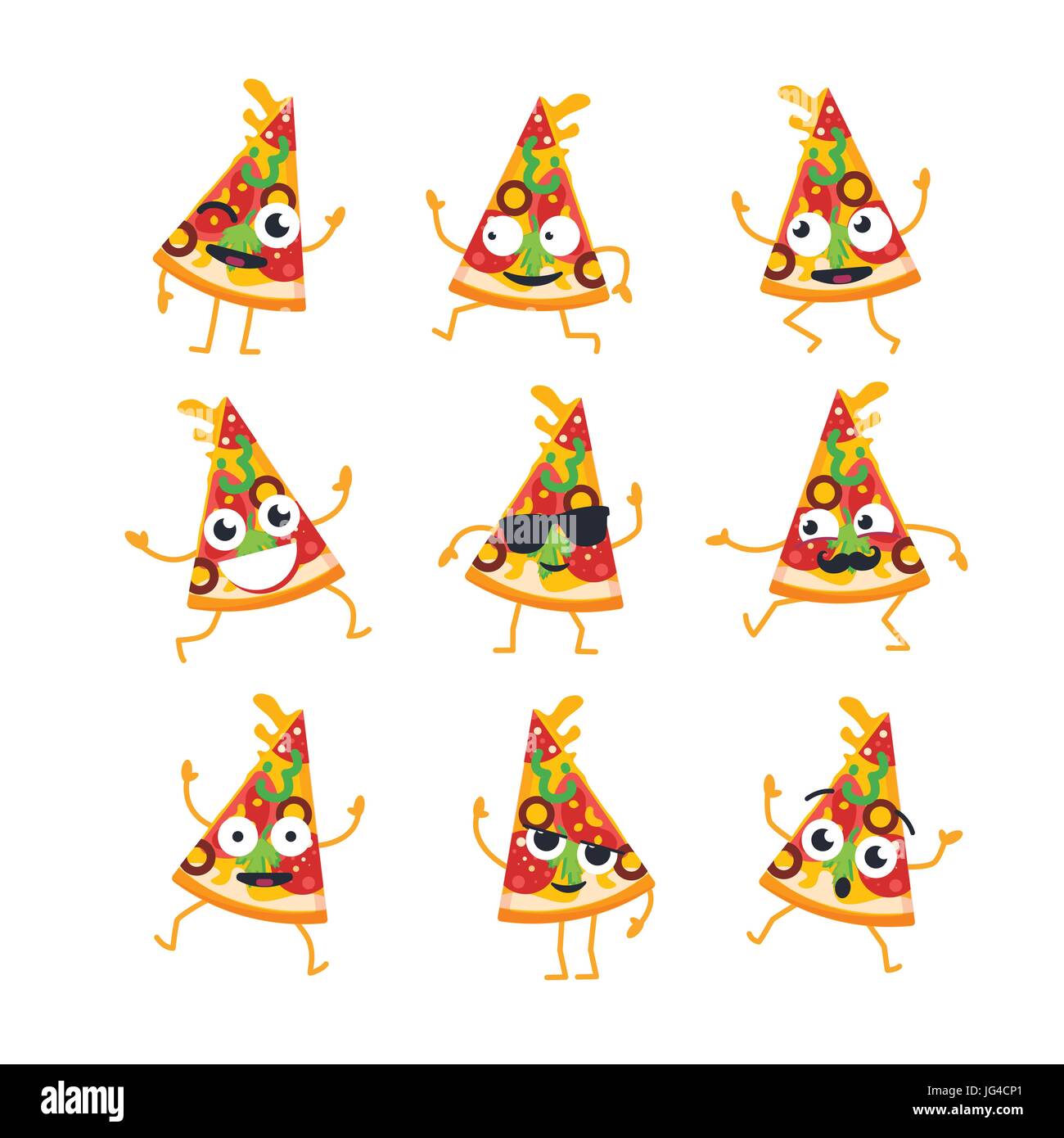 Pizza personaggio dei fumetti - moderno vettore set di modelli di mascotte illustrazioni. Dono di immagini di un trancio di pizza dancing, sorridente, aventi un buon tempo. Emoti Illustrazione Vettoriale