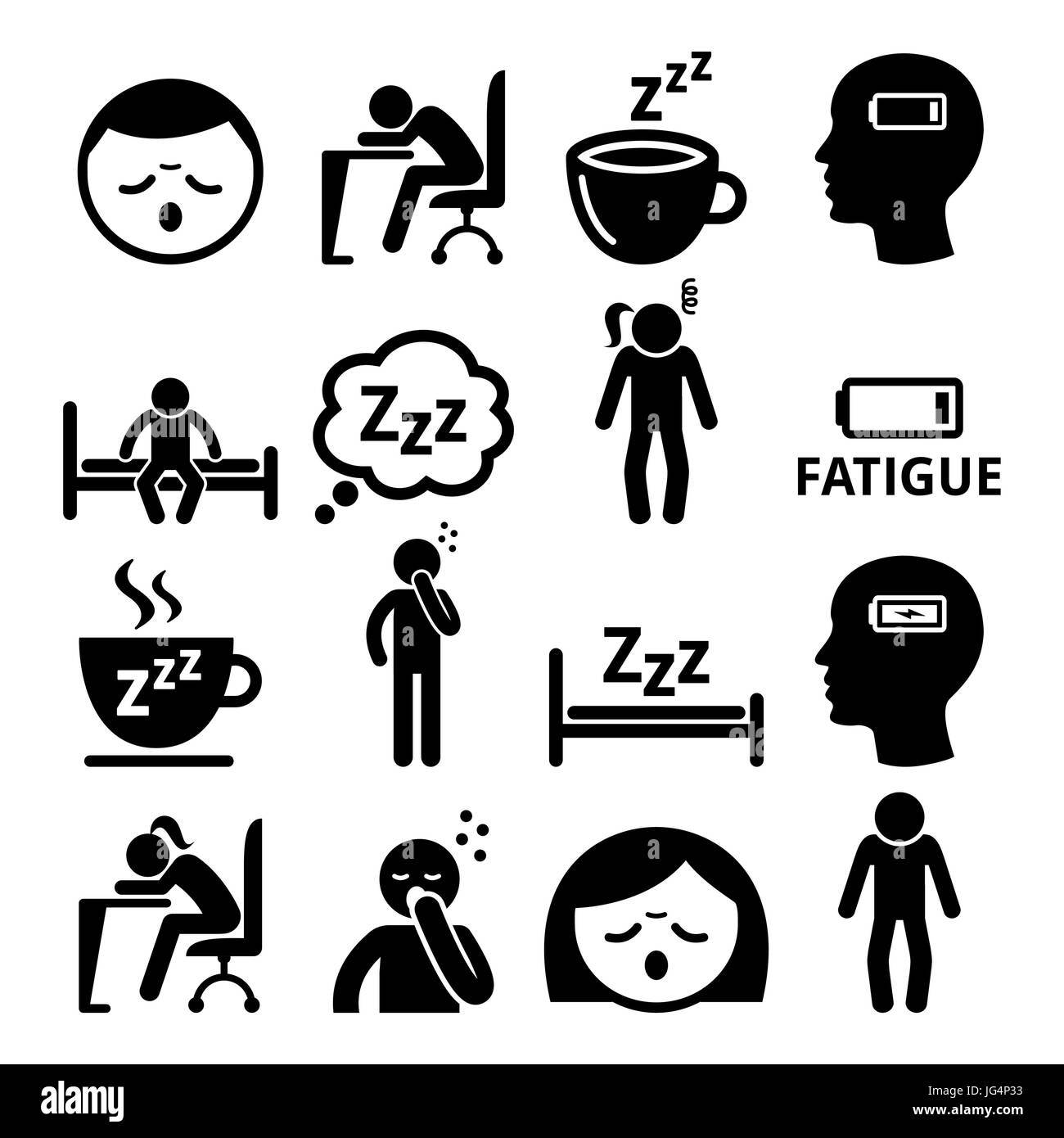 Icone di fatica, stanco, sleepy uomo e donna disegno vettoriale Illustrazione Vettoriale
