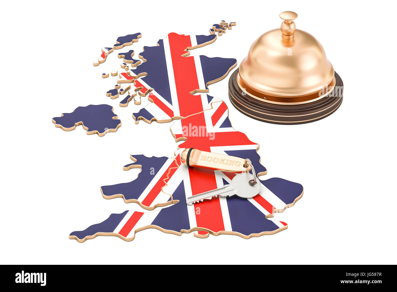 Nel Regno Unito il concetto di prenotazione. Bandiera britannica con hotel key e il campanellino, rendering 3D Foto Stock