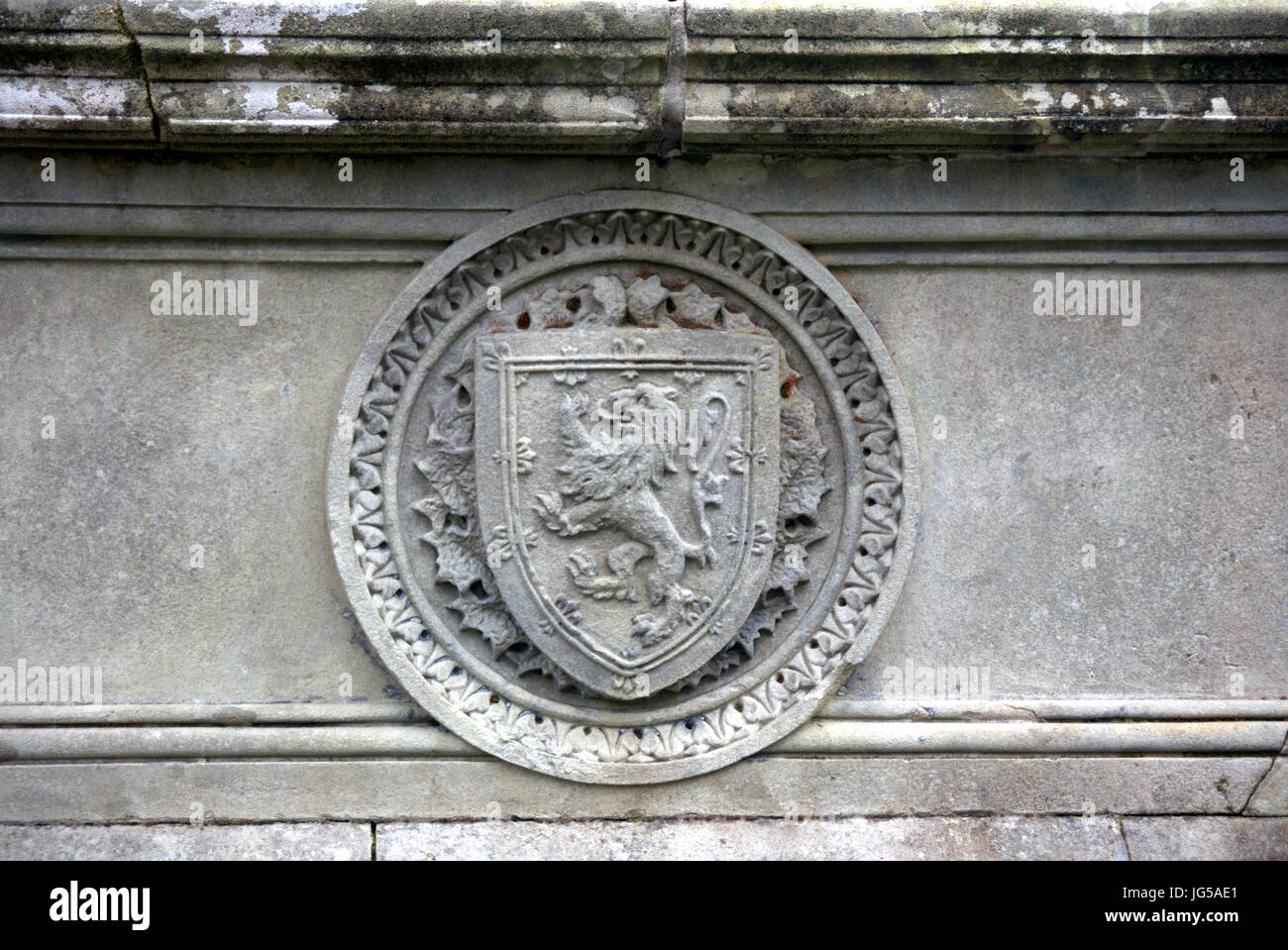 Leone rampante su uno scudo royal simbolo della Scozia goffrato scolpito in pietra grigia dal lato della fontana in kelvingrove park Foto Stock