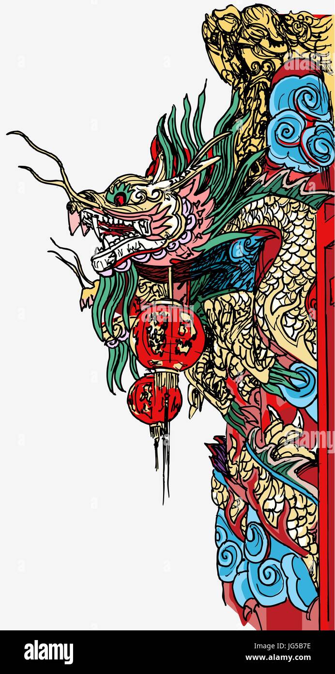 Vettoriale del disegno a mano il tempio Cinese dragon dettaglio in Bangkok Illustrazione Vettoriale