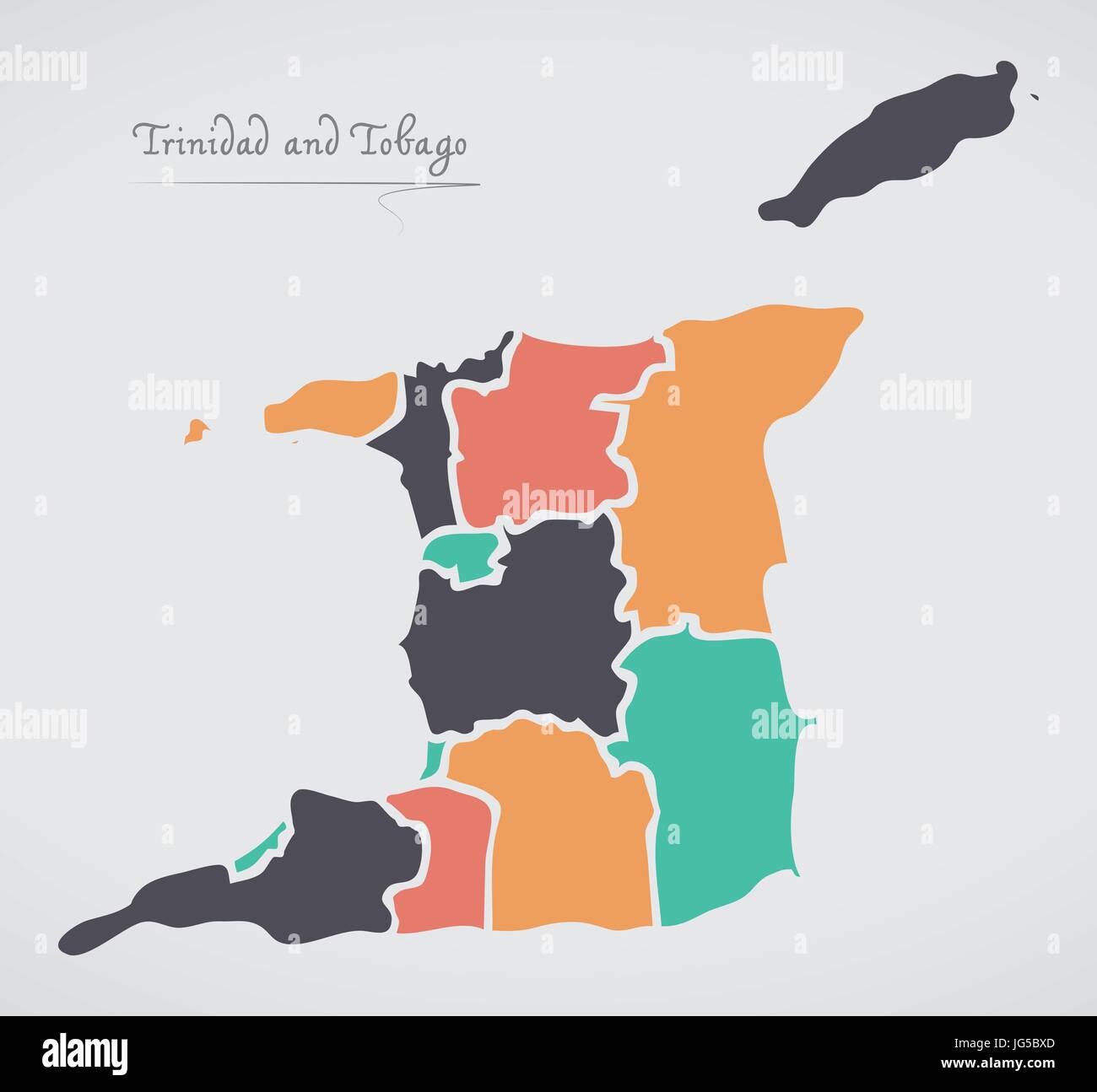 Trinidad e Tobago mappa con gli stati e le moderne forme rotonde Illustrazione Vettoriale