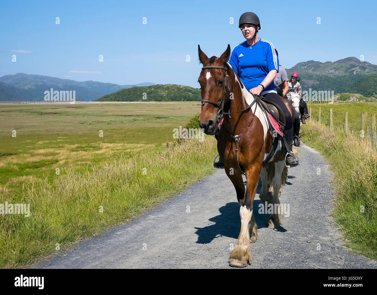 Un gruppo di equitazione da Bwlch Gwyn Farm essendo guidato lungo il Mawddach Estuary, Fairbourne, Gwynedd, Wales, Regno Unito Foto Stock