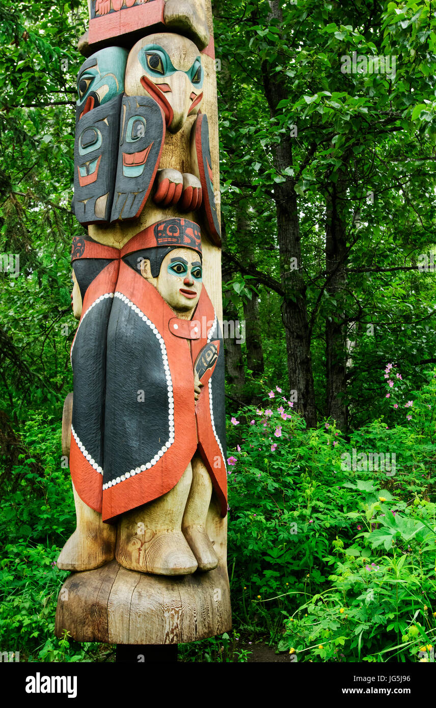 Il Totem Pole, Alaska arte Nativa, Tlingit indiani, Alaska Foto Stock