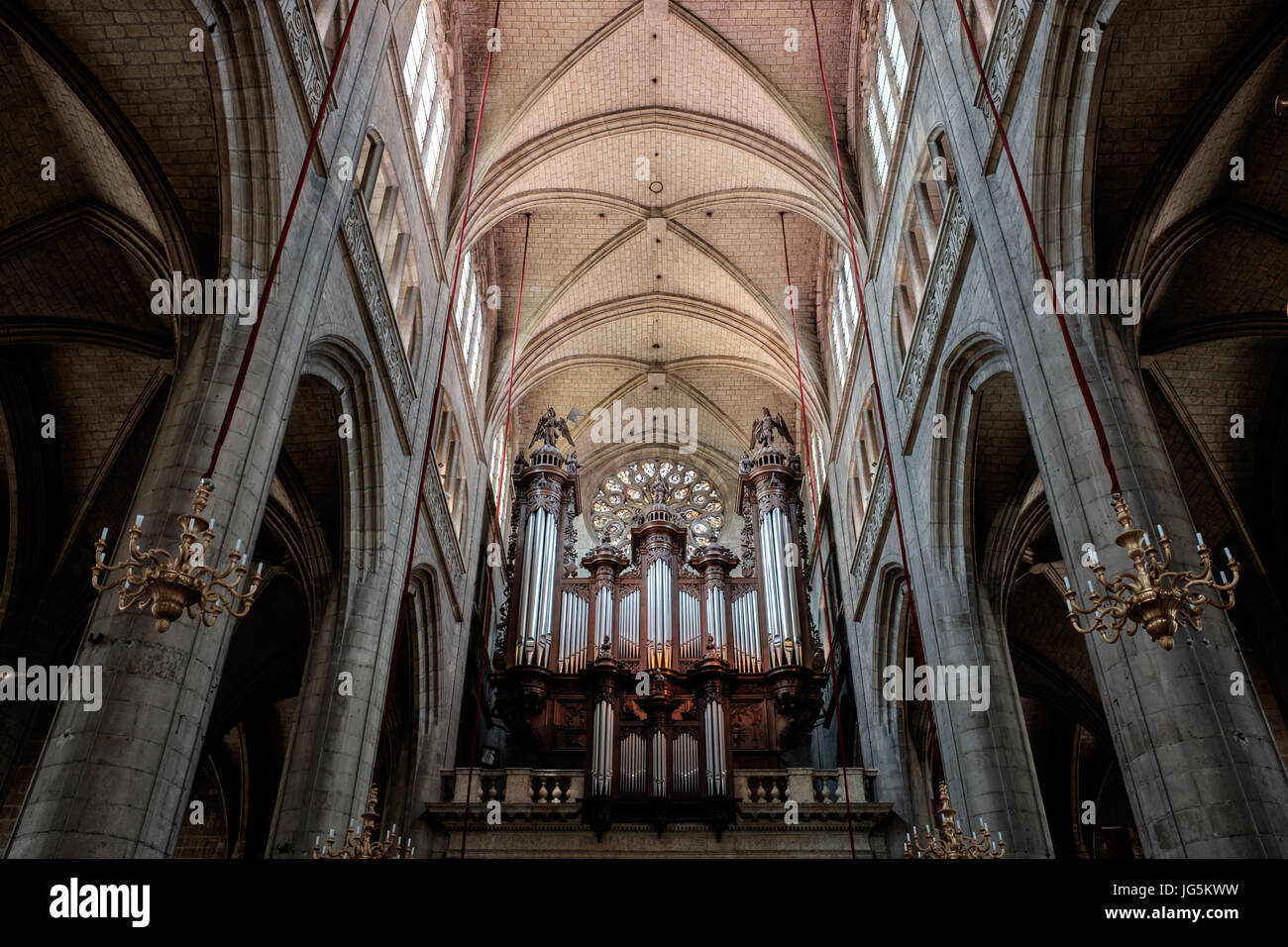 Interni e organo del il preservativo medievale cattedrale, costruita nel 1506-31. preservativo, Francia. Foto Stock