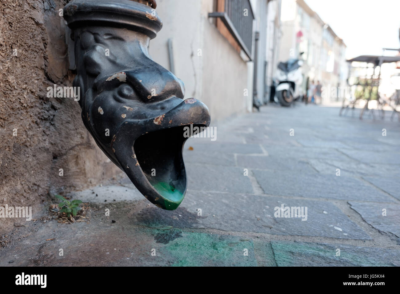 Una decorazione a testa di drago sul tubo di lancio di un tubo di drenaggio in Carcassonnee, Francia. Foto Stock