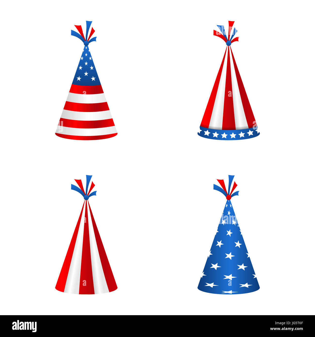 Impostare parte Cappelli con bandiera degli Stati Uniti d'America. Accessorio per le festività americane. Oggetti isolati su sfondo bianco - Illustrazione Foto Stock