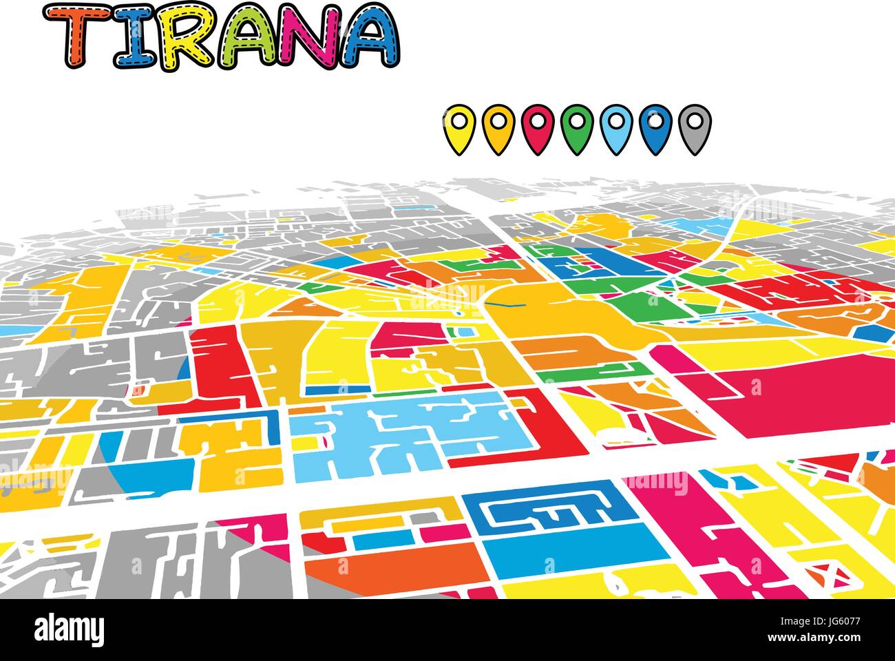 Tirana, Albania, Downtown 3D Mappa vettoriale delle famose strade. Primo piano luminoso pieno di colori. Strade bianche, sulle vie navigabili interne e lo sfondo grigio areale e. Bianco Illustrazione Vettoriale