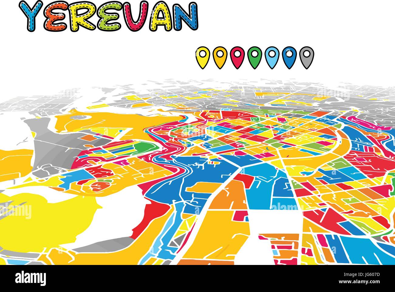 Yerevan, Armenia, Downtown 3D Mappa vettoriale delle famose strade. Primo piano luminoso pieno di colori. Strade bianche, sulle vie navigabili interne e lo sfondo grigio areale e. Pentecoste Illustrazione Vettoriale