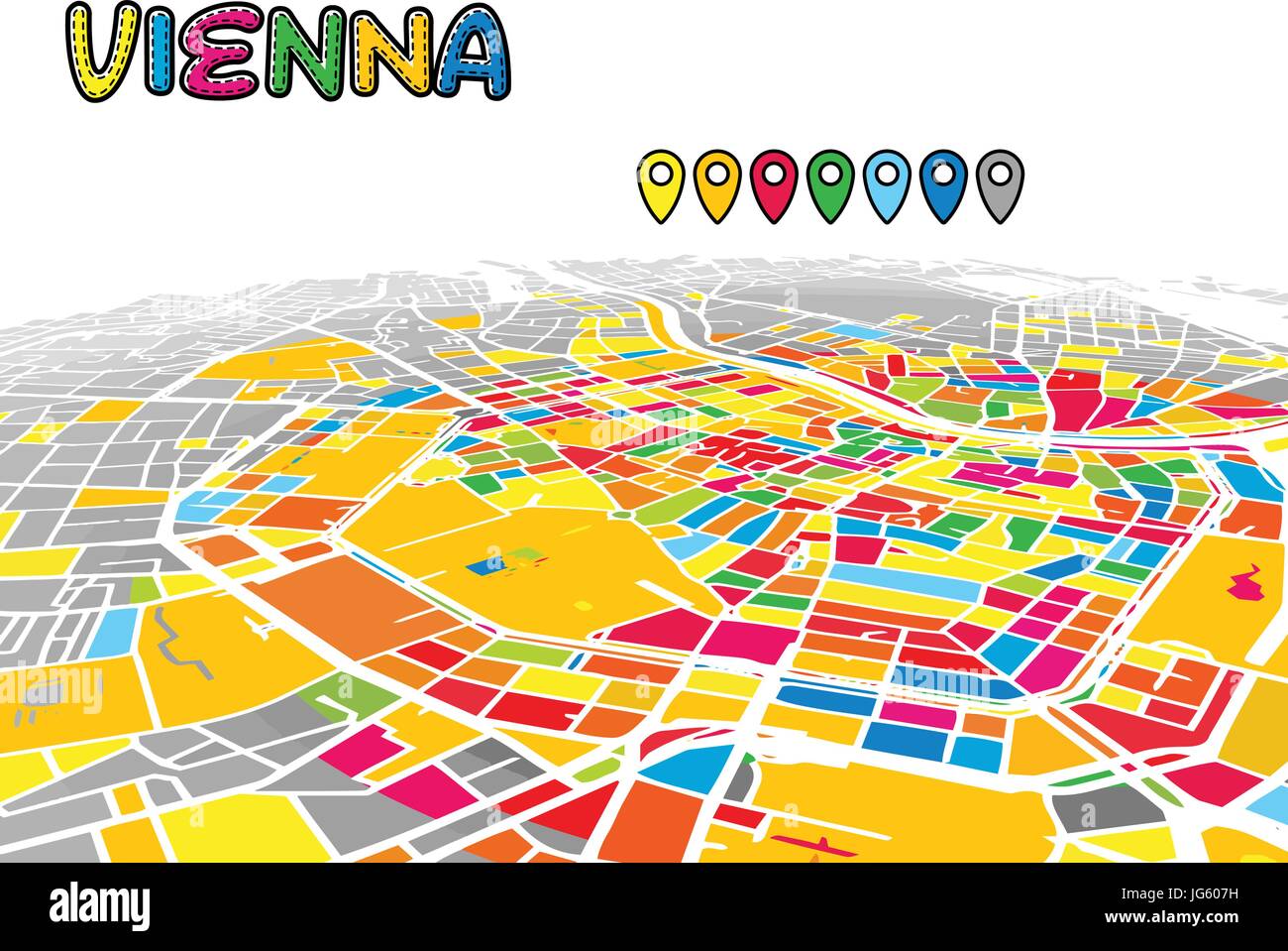 Vienna, Austria, Downtown 3D Mappa vettoriale delle famose strade. Primo piano luminoso pieno di colori. Strade bianche, sulle vie navigabili interne e lo sfondo grigio areale e. Bianco Illustrazione Vettoriale