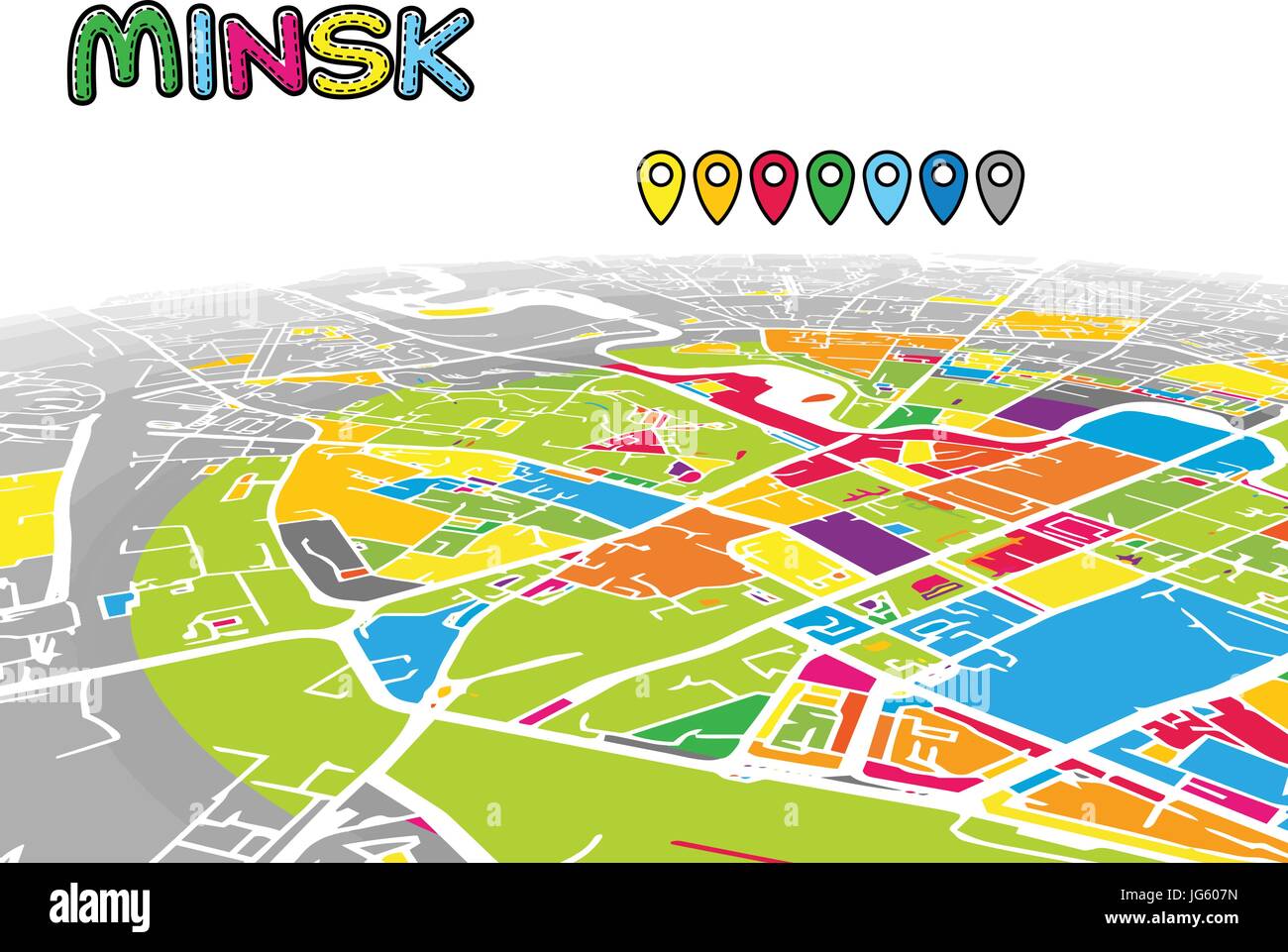 Minsk, Bielorussia, Downtown 3D Mappa vettoriale delle famose strade. Primo piano luminoso pieno di colori. Strade bianche, sulle vie navigabili interne e lo sfondo grigio areale e. Bianco Illustrazione Vettoriale