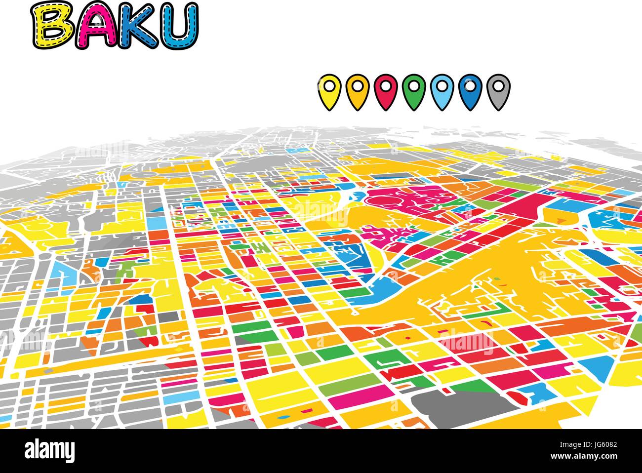 Baku in Azerbaijan, Downtown 3D Mappa vettoriale delle famose strade. Primo piano luminoso pieno di colori. Strade bianche, sulle vie navigabili interne e lo sfondo grigio areale e. Pentecoste Illustrazione Vettoriale