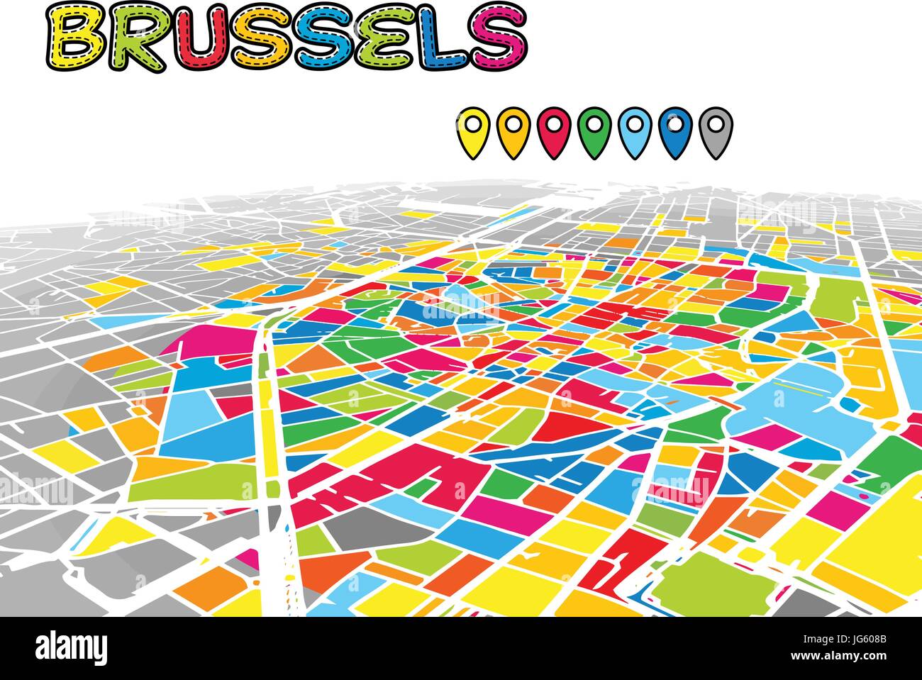 Bruxelles, Belgio, Downtown 3D Mappa vettoriale delle famose strade. Primo piano luminoso pieno di colori. Strade bianche, sulle vie navigabili interne e lo sfondo grigio areale e. Whi Illustrazione Vettoriale