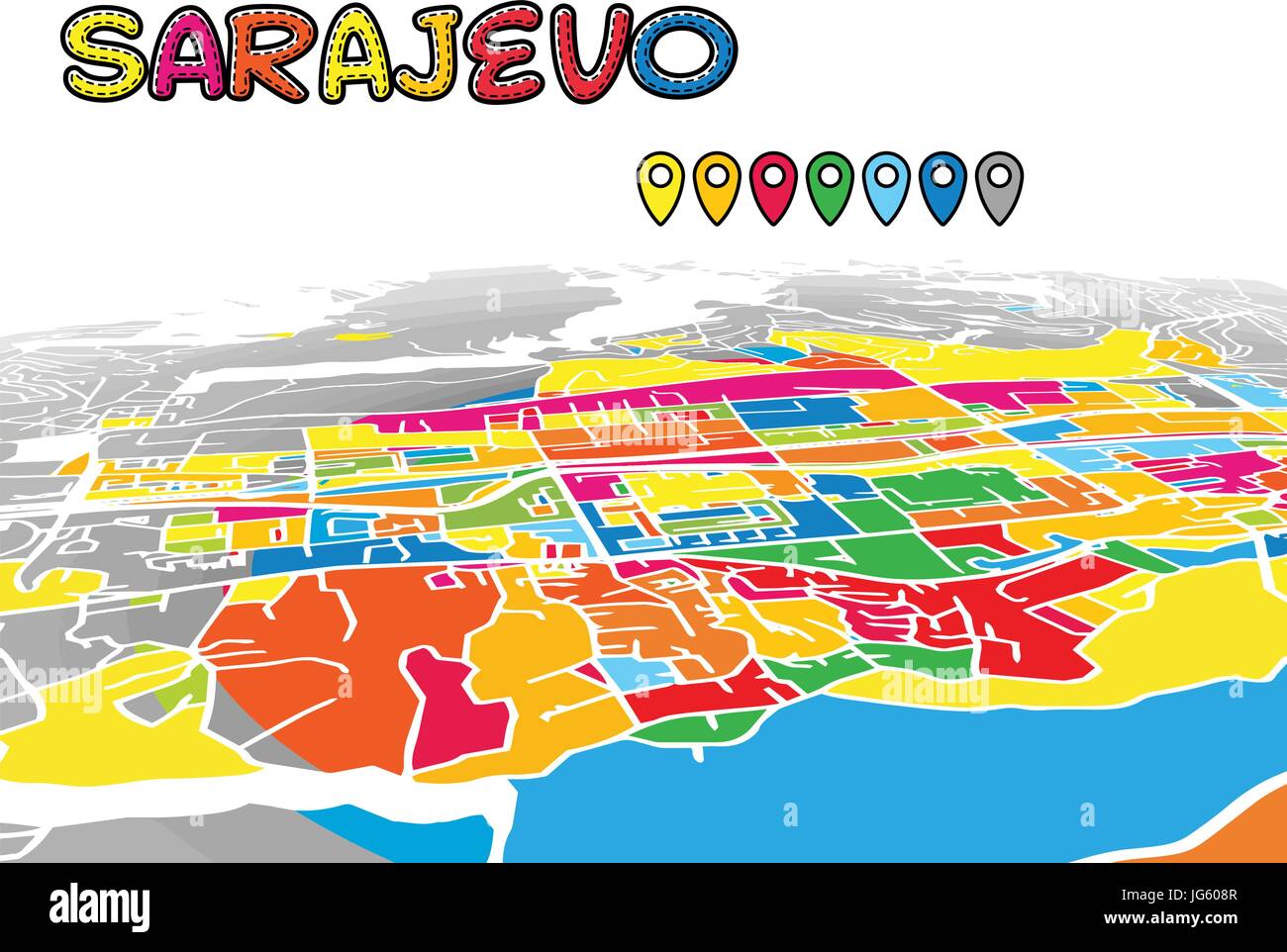 Sarajevo Downtown 3D Mappa vettoriale delle famose strade. Primo piano luminoso pieno di colori. Strade bianche, sulle vie navigabili interne e lo sfondo grigio areale e. Orizzonte bianco Illustrazione Vettoriale