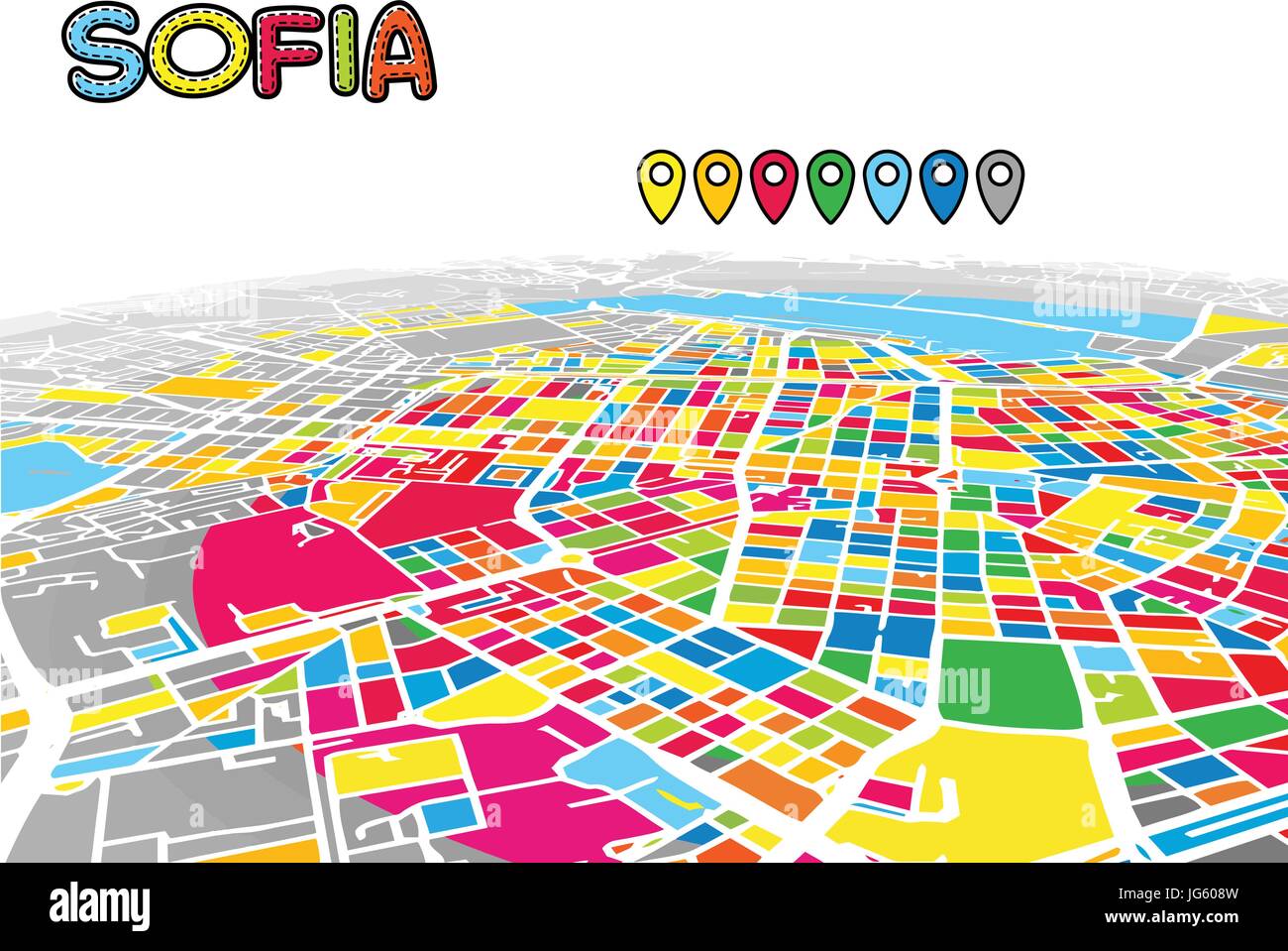 Sofia, Bulgaria, Downtown 3D Mappa vettoriale delle famose strade. Primo piano luminoso pieno di colori. Strade bianche, sulle vie navigabili interne e lo sfondo grigio areale e. Bianco Illustrazione Vettoriale