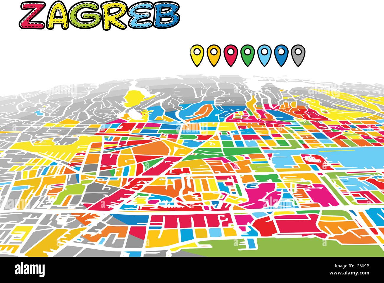 Zagabria, Croazia, Downtown 3D Mappa vettoriale delle famose strade. Primo piano luminoso pieno di colori. Strade bianche, sulle vie navigabili interne e lo sfondo grigio areale e. Bianco Illustrazione Vettoriale