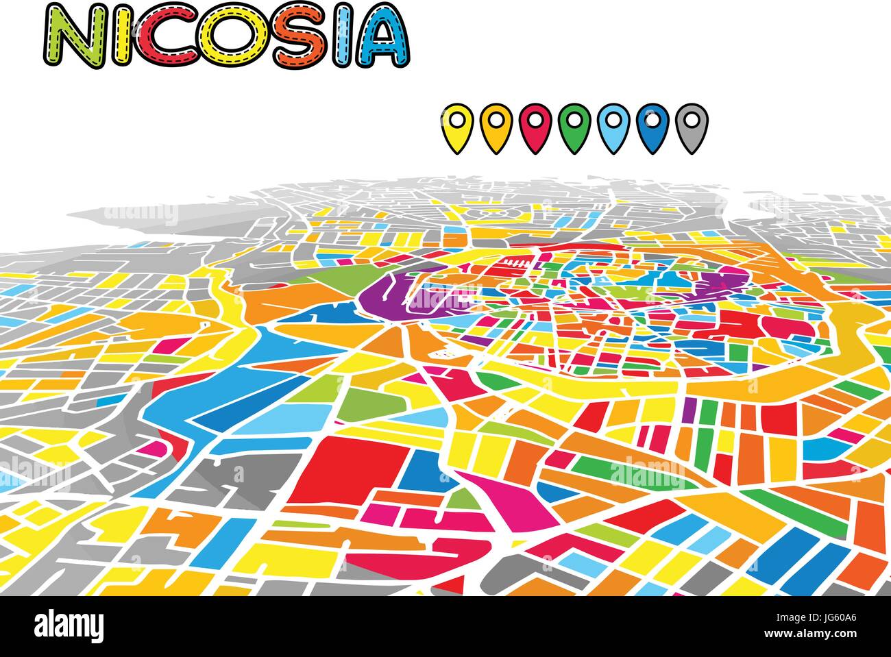 Nicosia, Cipro, Downtown 3D Mappa vettoriale delle famose strade. Primo piano luminoso pieno di colori. Strade bianche, sulle vie navigabili interne e lo sfondo grigio areale e. Bianco Illustrazione Vettoriale