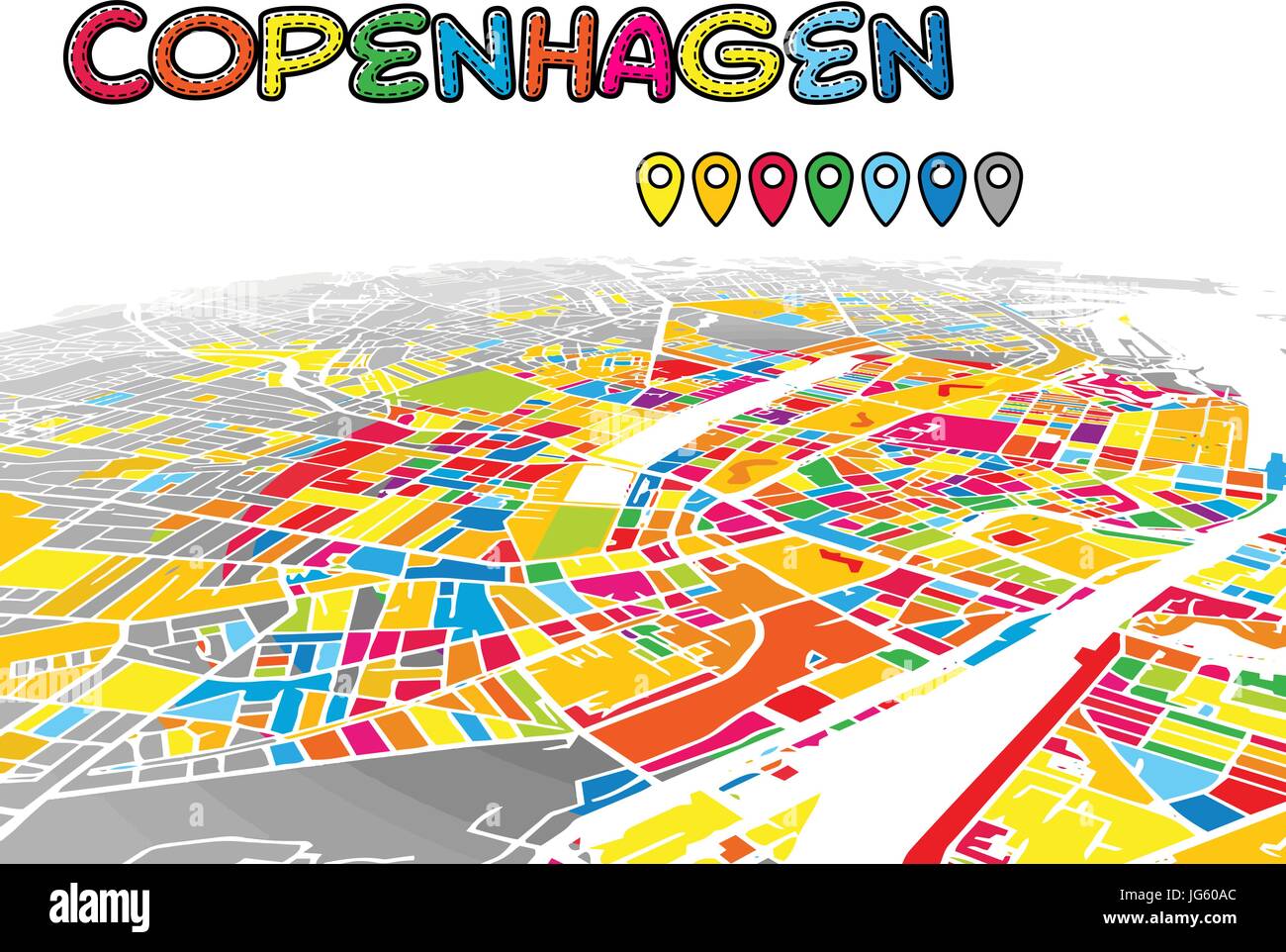 Copenhagen, Danimarca, Downtown 3D Mappa vettoriale delle famose strade. Primo piano luminoso pieno di colori. Strade bianche, sulle vie navigabili interne e lo sfondo grigio areale e. W Illustrazione Vettoriale