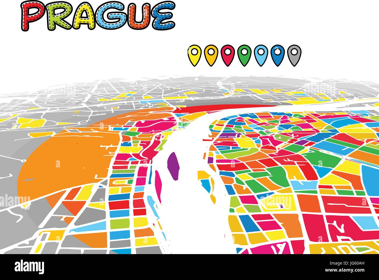Praga Repubblica Ceca, Downtown 3D Mappa vettoriale delle famose strade. Primo piano luminoso pieno di colori. Strade bianche, sulle vie navigabili interne e lo sfondo grigio areale di Illustrazione Vettoriale