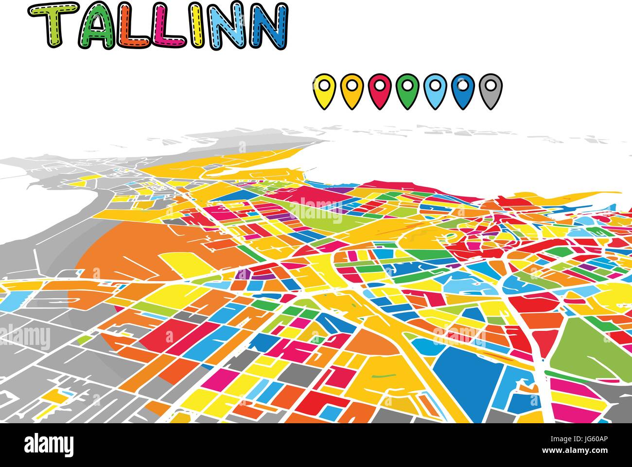 Tallinn, Estonia, Downtown 3D Mappa vettoriale delle famose strade. Primo piano luminoso pieno di colori. Strade bianche, sulle vie navigabili interne e lo sfondo grigio areale e. Pentecoste Illustrazione Vettoriale