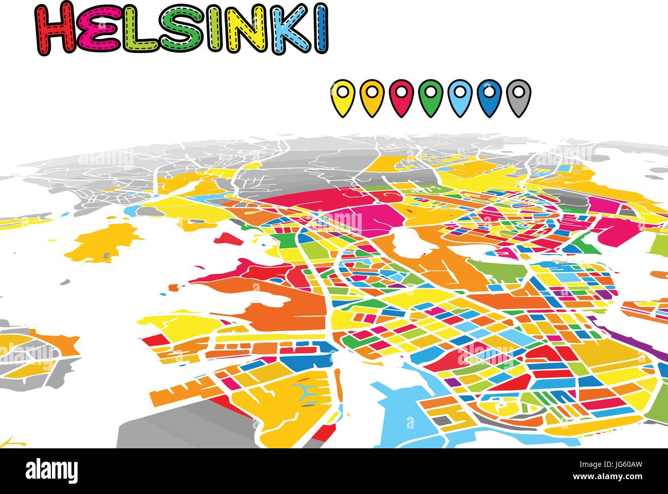 A Helsinki, Finlandia, Downtown 3D Mappa vettoriale delle famose strade. Primo piano luminoso pieno di colori. Strade bianche, sulle vie navigabili interne e lo sfondo grigio areale e. Whi Illustrazione Vettoriale