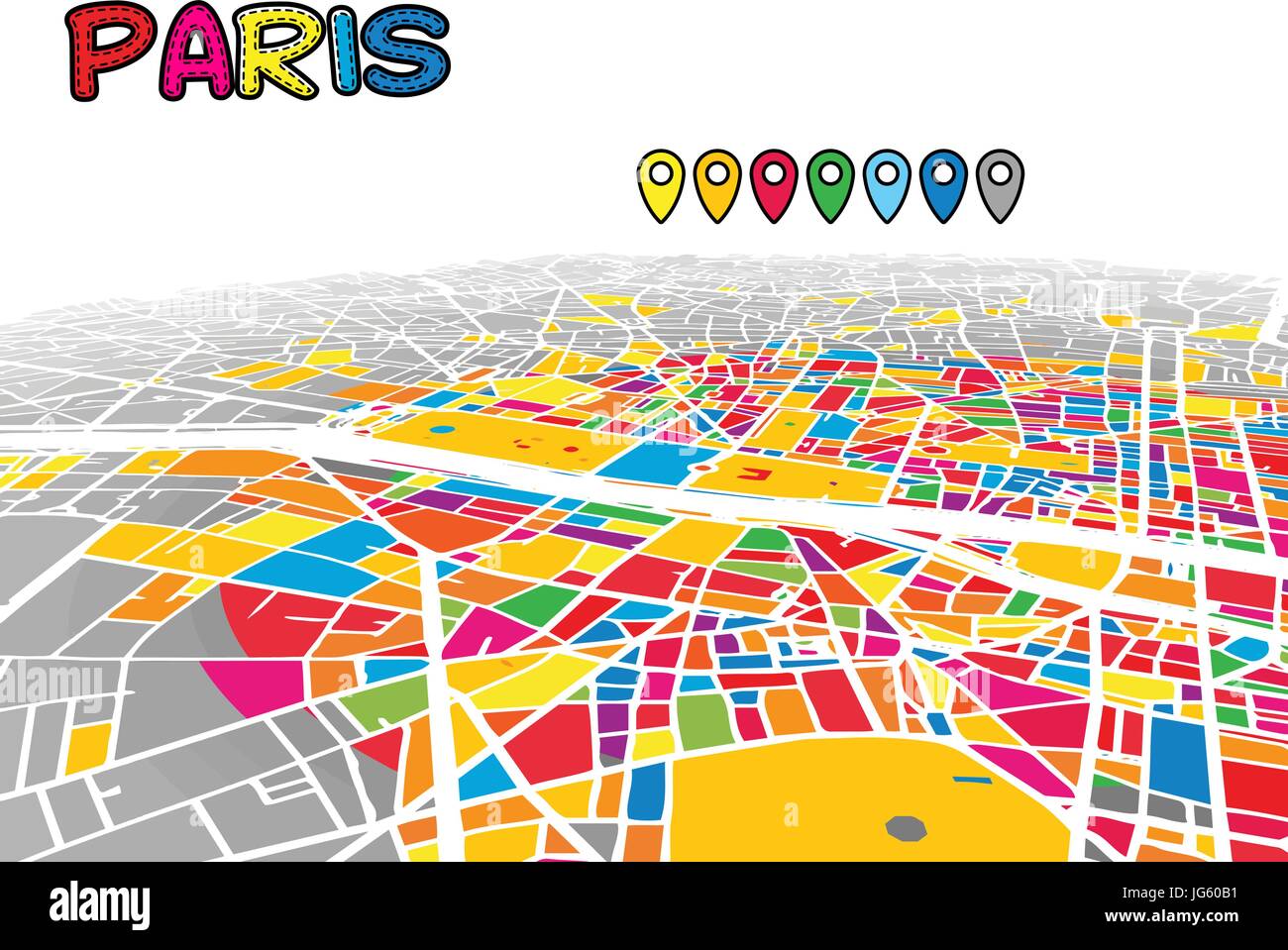 Parigi, Francia, Downtown 3D Mappa vettoriale delle famose strade. Primo piano luminoso pieno di colori. Strade bianche, sulle vie navigabili interne e lo sfondo grigio areale e. Bianco H Illustrazione Vettoriale