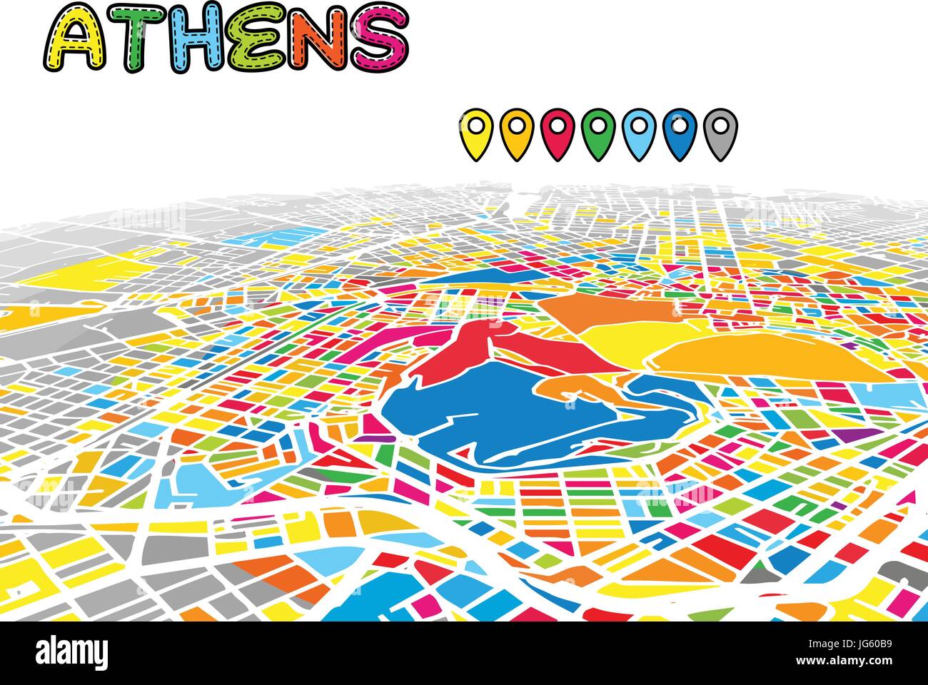 Atene, Grecia, Downtown 3D Mappa vettoriale delle famose strade. Primo piano luminoso pieno di colori. Strade bianche, sulle vie navigabili interne e lo sfondo grigio areale e. Bianco Illustrazione Vettoriale