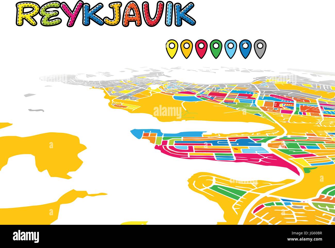 Reykjavik, Islanda, Downtown 3D Mappa vettoriale delle famose strade. Primo piano luminoso pieno di colori. Strade bianche, sulle vie navigabili interne e lo sfondo grigio areale e. Wh Illustrazione Vettoriale