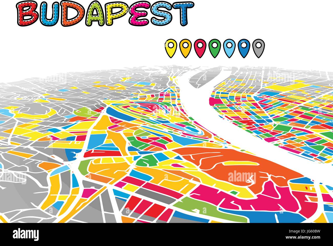 Budapest, Ungheria, Downtown 3D Mappa vettoriale delle famose strade. Primo piano luminoso pieno di colori. Strade bianche, sulle vie navigabili interne e lo sfondo grigio areale e. Whi Illustrazione Vettoriale