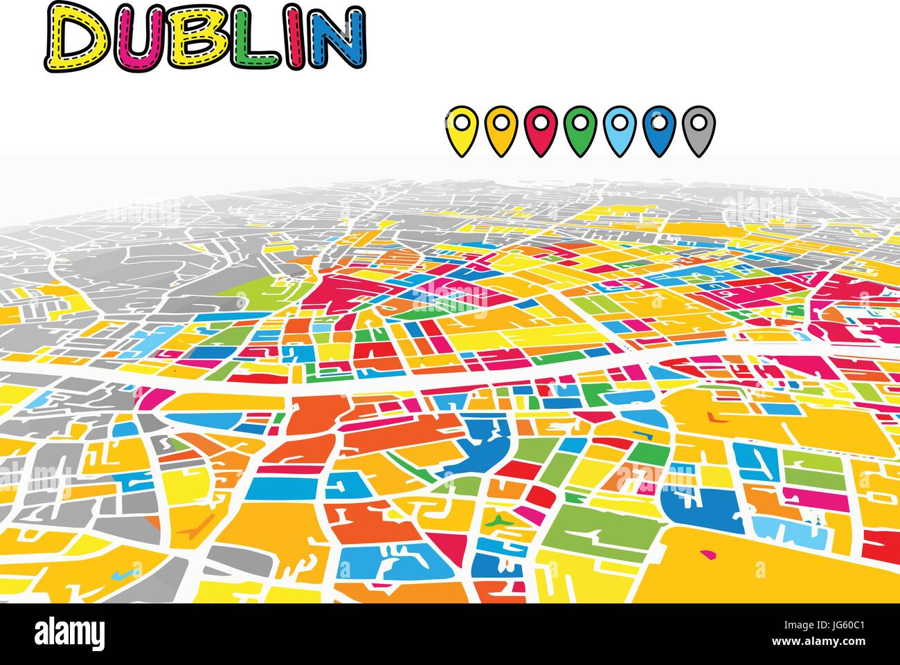 Dublino, Irlanda Downtown 3D Mappa vettoriale delle famose strade. Primo piano luminoso pieno di colori. Strade bianche, sulle vie navigabili interne e lo sfondo grigio areale e. Bianco Illustrazione Vettoriale