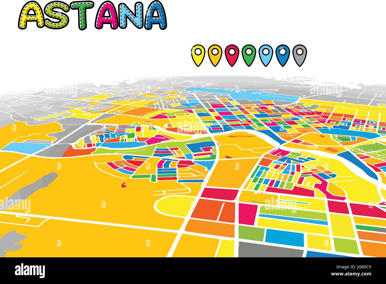 Ad Astana, Kazakistan, Downtown 3D Mappa vettoriale delle famose strade. Primo piano luminoso pieno di colori. Strade bianche, sulle vie navigabili interne e lo sfondo grigio areale e. Wh Illustrazione Vettoriale