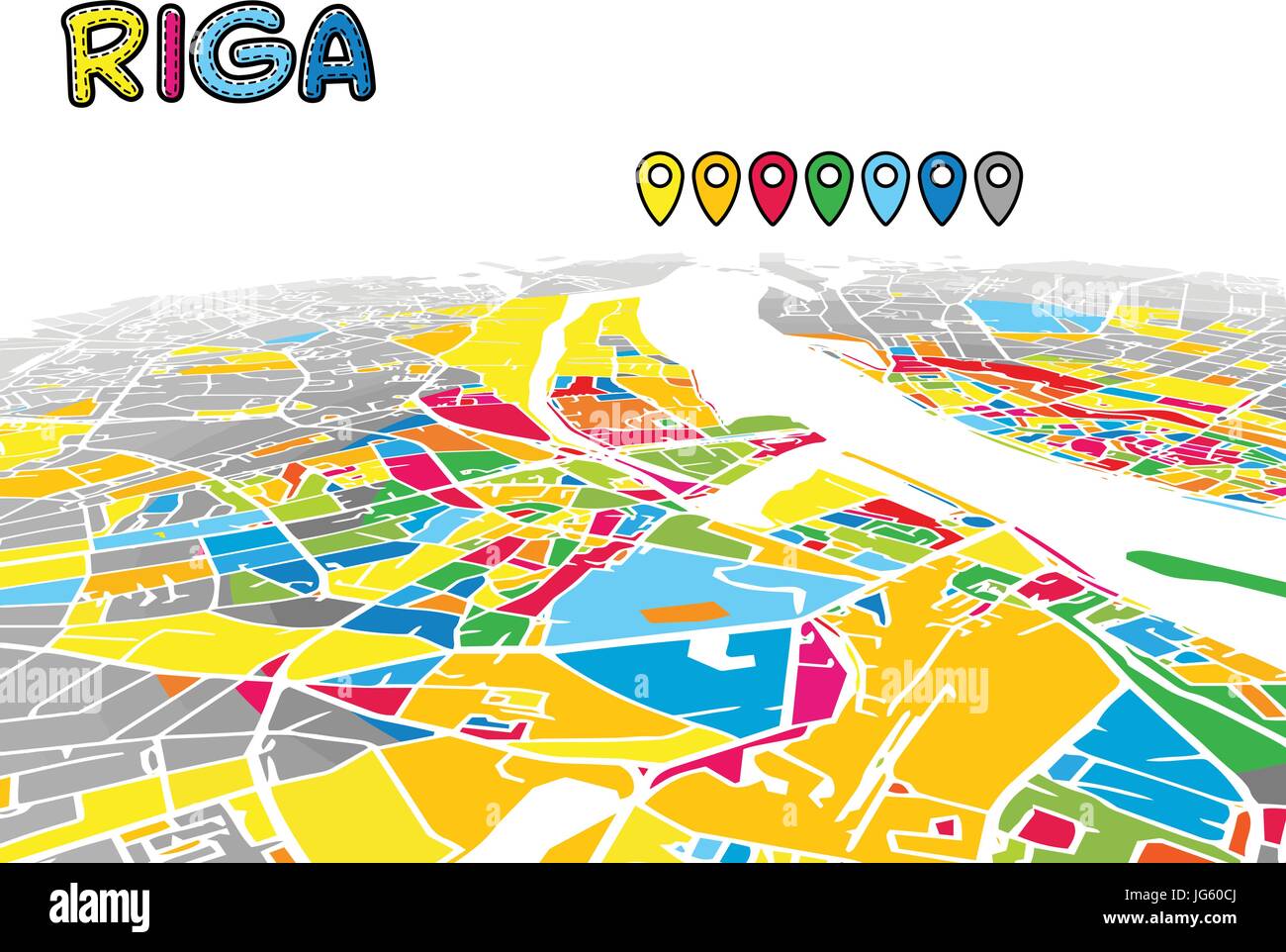 Riga, Lettonia, Downtown 3D Mappa vettoriale delle famose strade. Primo piano luminoso pieno di colori. Strade bianche, sulle vie navigabili interne e lo sfondo grigio areale e. Ho bianco Illustrazione Vettoriale